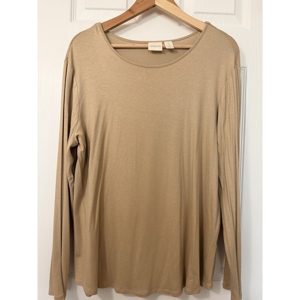 Chico’s Gold Shimmer Round Neck Long Sleeve Stretch Top Size 3-XL